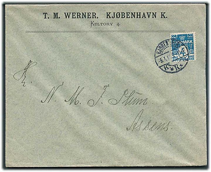 4 øre Bølgelinie med perfin “W” på firmakuvert fra T.M.Werner sendt som trykcag fra Kjøbenhavn d. 5.7.1912 (årstal uklart) til Assens. På bagsiden mærkat for Yale Laase. 