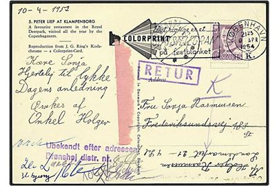 15 øre lysviolet Fr. IX på postkort fra København d. 9.4.1954 til Brønshøj. Kortet returneret.