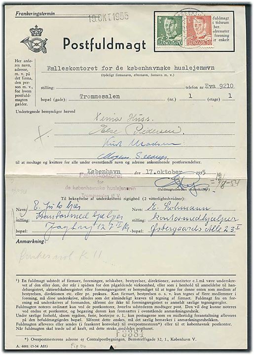 30 øre og 70 øre Fr. IX med perfin (Københavns Kommune) på Postfuldmagt for Fælleskontoret for de københavnske Huslejenævn stemplet d. 19.10.1955.