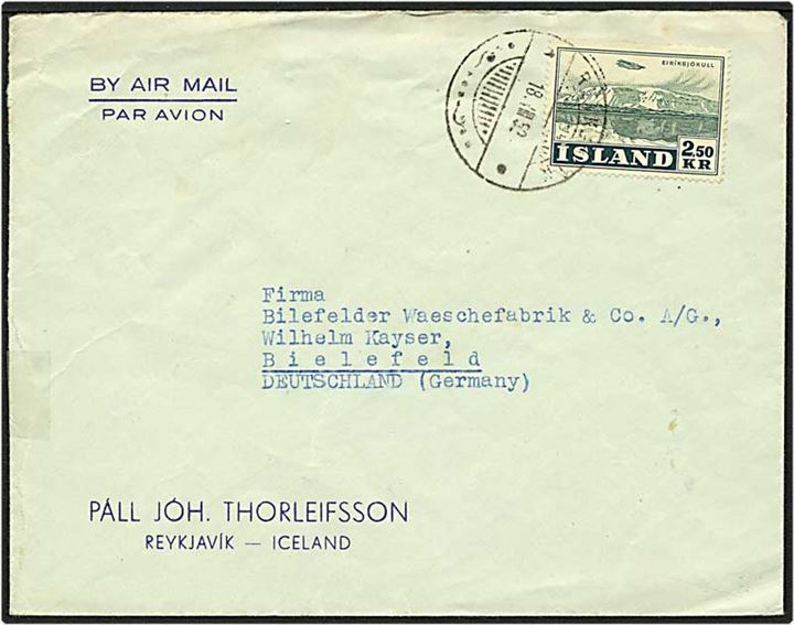 2,50 kr. grøn på luftpost brev fra Reykjavik, Island, d. 18.3.1952 til Bielefeld, Tyskland.