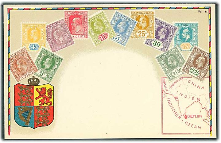 Postkort med Frimærker og våbenmærke fra Ceylon. No. 81. 