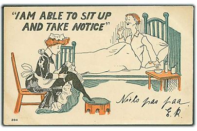I am able to sit ud and take notice. Mand sidder i sengen. Kvinde på stol ved siden af. No. 394. 