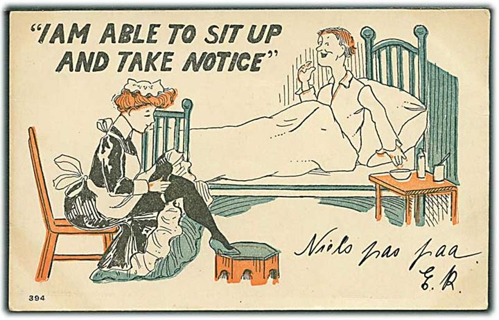 I am able to sit ud and take notice. Mand sidder i sengen. Kvinde på stol ved siden af. No. 394. 