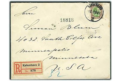 70 øre Chr. X single på anbefalet brev fra Kjøbenhavn d. 1.12.1922 via New York til Minneapolis, USA.