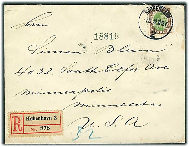 70 øre Chr. X single på anbefalet brev fra Kjøbenhavn d. 1.12.1922 via New York til Minneapolis, USA.