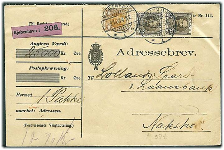 25 øre (par)og 100 øre Fr. VIII på adressebrev for værdipakke fra Kjøbenhavn d. 7.1.1908 til Nakskov. Venstre 25 øre med trissefejl.