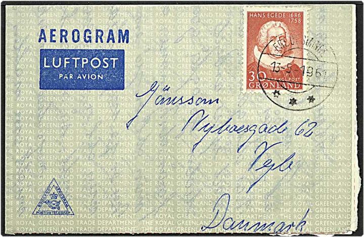 30 øre brunrød Hans Egede på luftpost brev fra Egedesminde d. 13.5.1961 til Vejle.