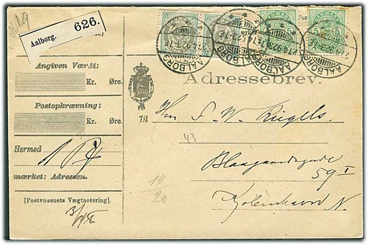 3 øre Tofarvet i parstykke og 5 øre Våben (2) på 16 øre frankeret adressebrev for pakke fra Aalborg d. 27.4.1892 til Kjøbenhavn.