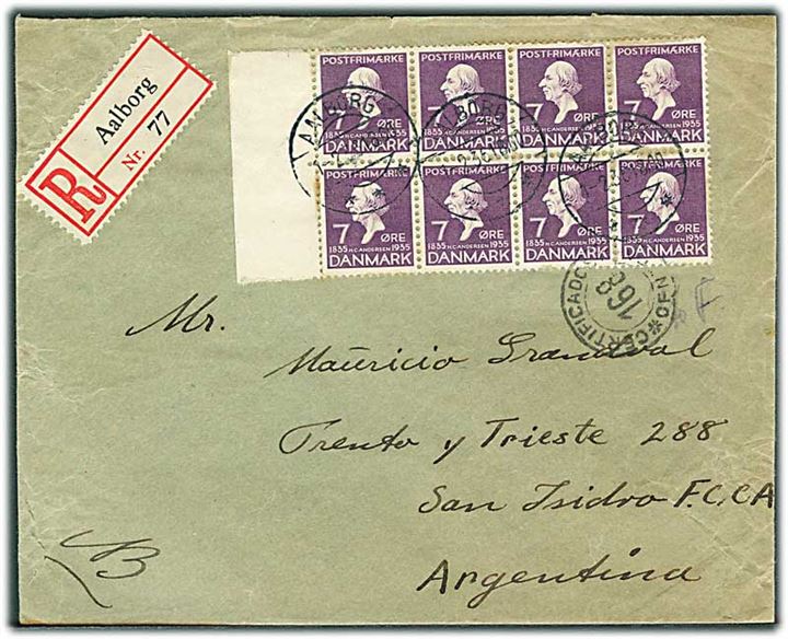 7 øre H.C.Andersen i 8-blok på anbefalet brev fra Aalborg d. 1.2.1936 til San Isidro, Argentina.