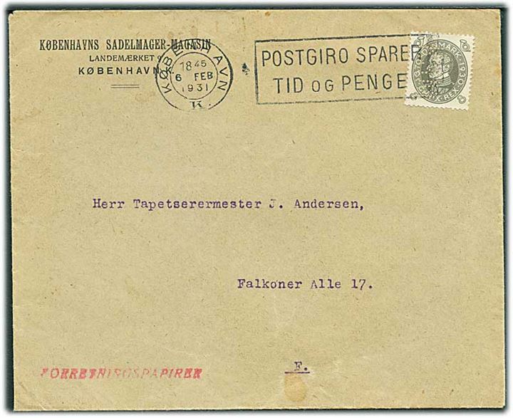 8 øre Chr. X 60 år med perfin K.S.M. på firmakuvert med indhold fra Københavns Sadelmager-Magasin sendt som lokal forretningspapirer i København d. 6.2.1931.