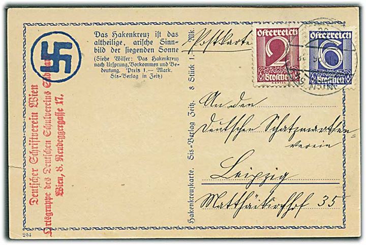 2 gr. og 6 gr. Ciffer på brevkort med Hagekors fra Seutscher Schriftverein Wien d. 9.4.1926 til Leipzig, Tyskland.
