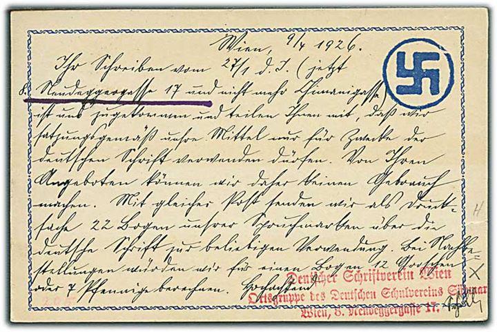 2 gr. og 6 gr. Ciffer på brevkort med Hagekors fra Seutscher Schriftverein Wien d. 9.4.1926 til Leipzig, Tyskland.