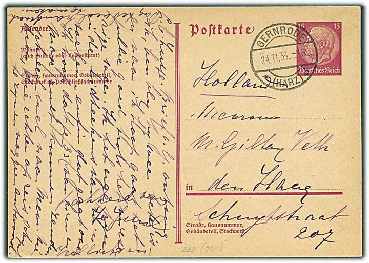 15 pfg. Hindenburg helsagsbrevkort fra Gernrode d. 24.11.1933 til Haag, Holland. Mi.222=€90.
