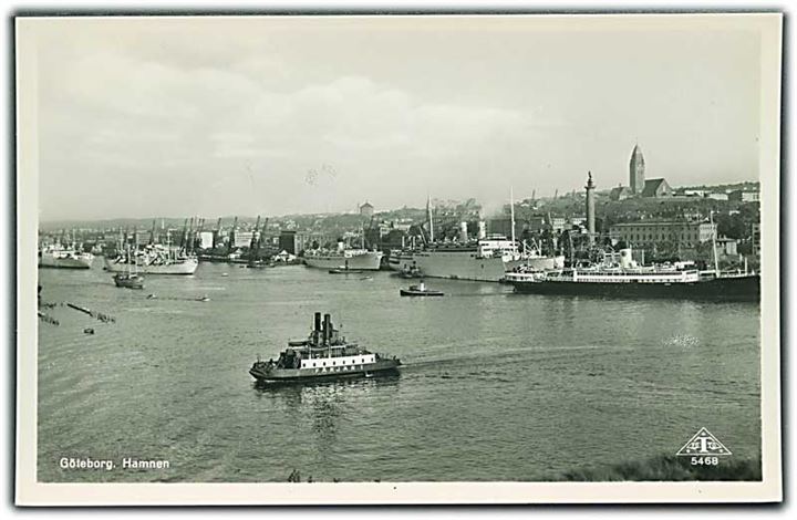 Havnen i Göteborg. Færgen Färjan 1 og andre skibe og færger ses. Fotokort. Jolin Wilkenson no. 352. 