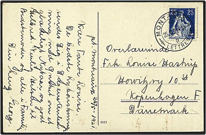 25 centimes blå på postkort fra Montraux, Schweiz, d. 25.5.1921 til København. 