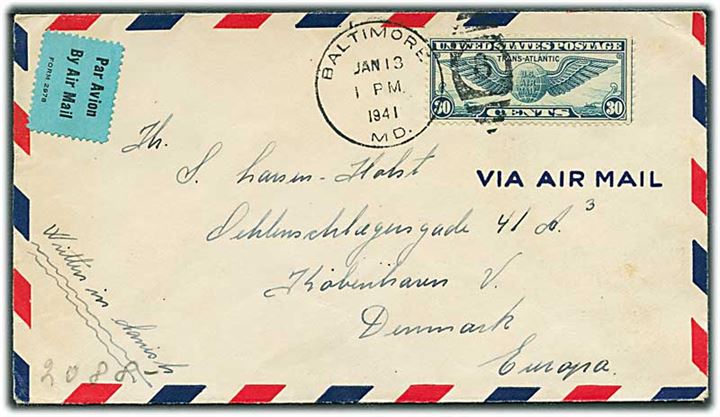 30 cents Winged Globe på luftpostbrev fra Baltimore d. 13.1.1941 til København, Danmark. Fra sømand ombord på M/S Ragnhild. Åbnet af tysk censur.