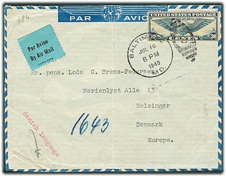 30 cents Winged Globe på luftpostbrev fra Baltimore d. 10.7.1940 til Helsingør, Danmark. Fra sømand ombord på M/S Ragnhild. Åbnet af tysk censur.