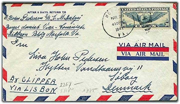 30 cents Winged Globe på luftpostbrev fra Norfolk d. 20.3.1941 til Søborg, Danmark. Fra sømand ombord på S/S E.M.Dalgas. Åbnet af tysk censur.