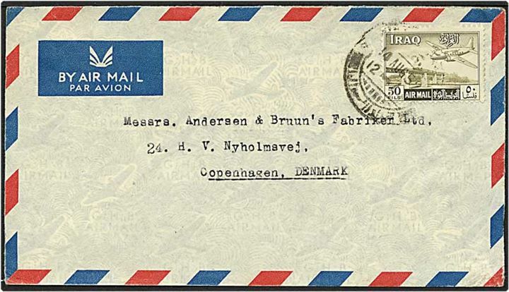 50 fils oliven på luftpost brev fra Bagdad, Irak, d. 14.8.1952 til København.
