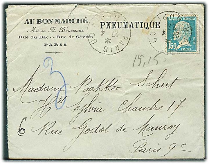 1,50 fr. på fortrykt privat rørpost-kuvert Pneumatique sendt lokalt med rørpost i Paris d. 27.4.1927.