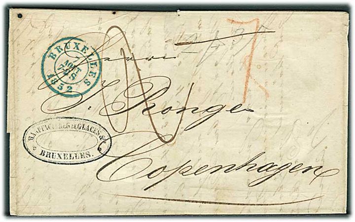 1852. Ufrankeret portobrev fra Bruxelles d. 7.8.1852 via K.D.O.P.A. i Hamburg til København, Danmark. Flere påtegninger.