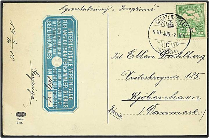 5 filler grøn på postkort fra Balatonblár, Ungarn, d. 2.8.1910 til København.