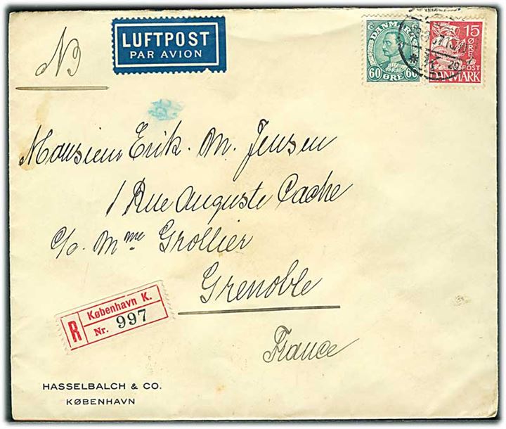 15 øre Karavel og 60 øre Chr. X på anbefalet luftpostbrev fra København d. 28.10.1937 til Grenoble, Frankrig. 