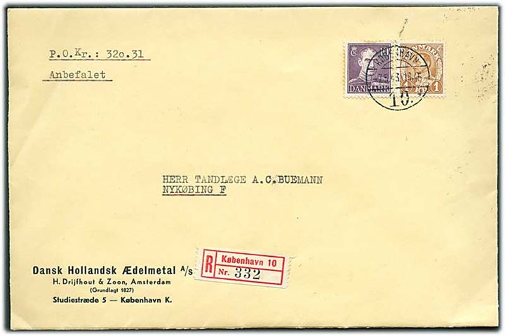 10 øre og 1 kr. Chr. X på anbefalet brev med opkrævning fra København d. 7.5.1943 til Nykøbing F.