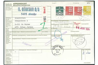 200 øre Bølgelinie, 10 kr. og 17 kr. (2) Rigsvåben på internationalt adressekort for pakke fra Odense C d. 13.6.1984 til Malmö, Sverige.