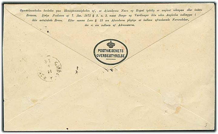 Ca. 1870'erne. Ufrankeret fortrykt kuvert fra Postvæsenets Overbestyrelse til returnering at aabne ubesørgelige Breve med rammestempel Franco og lapidar Kjøbenhavn d. 24.9.187x til Kjøbenhavn.