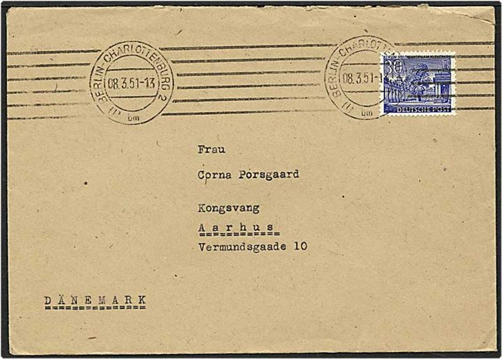 30 pfennig blå på brev fra Berlin, Tyskland, d. 8.3.1951 til Aarhus.