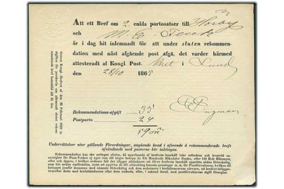 1865. Sluten Recommendation. Kvittering for afsendelse af 59 öre anbefalet dobbelt brev fra Lund d. 28.10.1865 til Hörby.