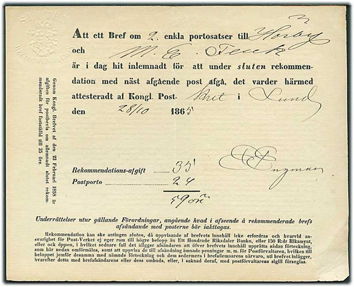 1865. Sluten Recommendation. Kvittering for afsendelse af 59 öre anbefalet dobbelt brev fra Lund d. 28.10.1865 til Hörby.