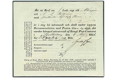 1856. Öppen Recommendation. Kvittering for afsendelse af 20 skilling bco. værdibrev fra Göteborg d. 4.8.1856 til Allingsås.