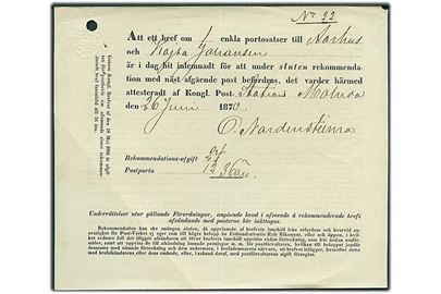 1870. Sluten Recommendation. Kvittering for afsendelse af 36 öre anbefalet brev fra Malmö (?) d. 26.6.1870 til Aarhus, Danmark. Arkivhul.