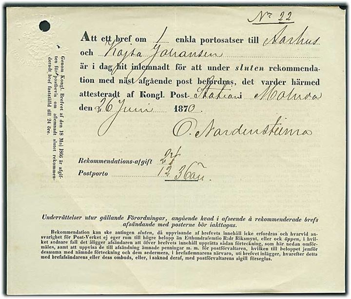 1870. Sluten Recommendation. Kvittering for afsendelse af 36 öre anbefalet brev fra Malmö (?) d. 26.6.1870 til Aarhus, Danmark. Arkivhul.