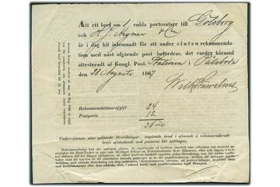 1867. Sluten Recommendation. Kvittering for afsendelse af 36 öre anbefalet brev fra Pålsboda d. 28.8.1867 til Göteborg.
