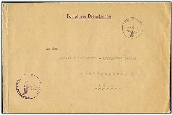 Ufrankeret tysk feltpostbrev stemplet Feldpost e d. 5.8.1943 fra Dienststelle Feldpostnummer 16344H (= Heeres Unterkunftsverw. 241 i Bergen) til Oslo.