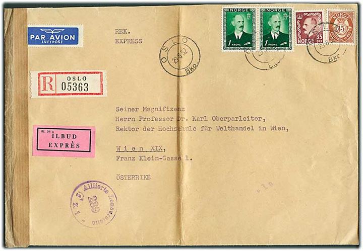 15 øre Posthorn, 35 øre og 1 kr. (2) Haakon på 2,50 kr. anbefalet luftpost ekspresbrev fra Oslo d. 29.8.1952 til Wien, Østrig. Åbnet af østrigsk efterkrigscensur. Lodret fold.