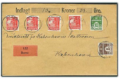 5 øre, 10 øre Bølgelinie og 15 øre Karavel (4) på værdibrev fra Borre d. 18.1.1927 til København. Hovedparten af bagsiden mangler.