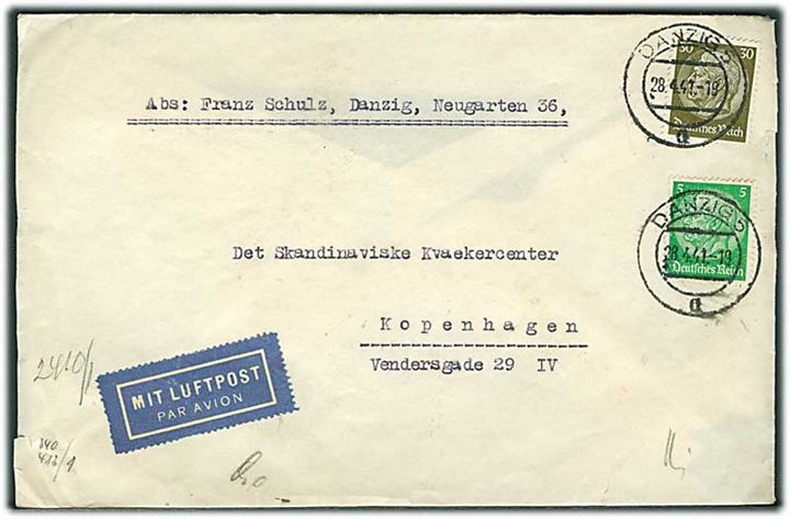 5 pfg. og 30 pfg. Hindenburg på luftpostbrev fra Danzig d. 28.4.1941 til Skandinavisk Kvækercenter i København, Danmark. Åbnet af tysk censur i Berlin.