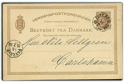 6 øre helsagsbrevkort fra Kjøbenhavn annulleret med svensk bureaustempel PKXP.No.2 UPP. d. 16.2.1882 til Carlshamn, Sverige.