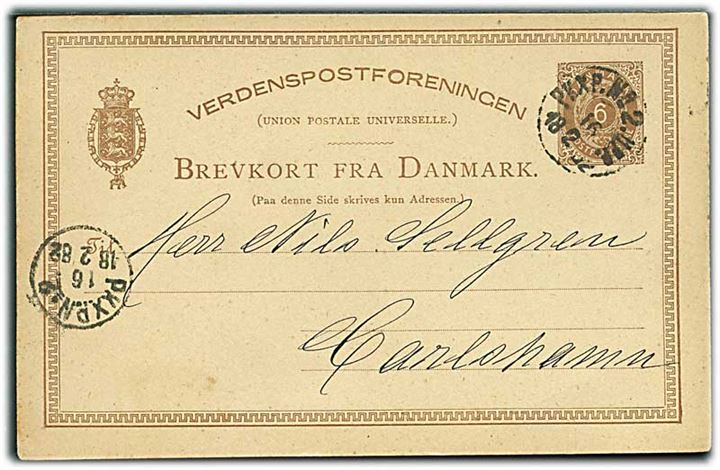 6 øre helsagsbrevkort fra Kjøbenhavn annulleret med svensk bureaustempel PKXP.No.2 UPP. d. 16.2.1882 til Carlshamn, Sverige.