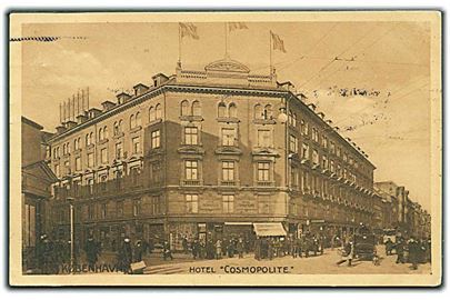 Hotel Cosmopolite i København. Sporvogn ses til højre. Stenders no. 24586.Stempel fra Hotel Cosmopolite på adresse siden.  