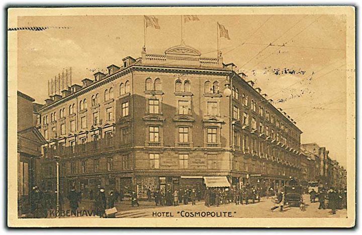 Hotel Cosmopolite i København. Sporvogn ses til højre. Stenders no. 24586.Stempel fra Hotel Cosmopolite på adresse siden.  