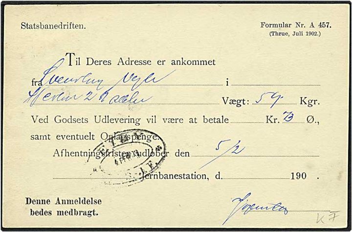 3 øre tofarvet på brevkort fra Ejby d. 4.2.1903 til Husby. Ejby ovalt DSB stempel.