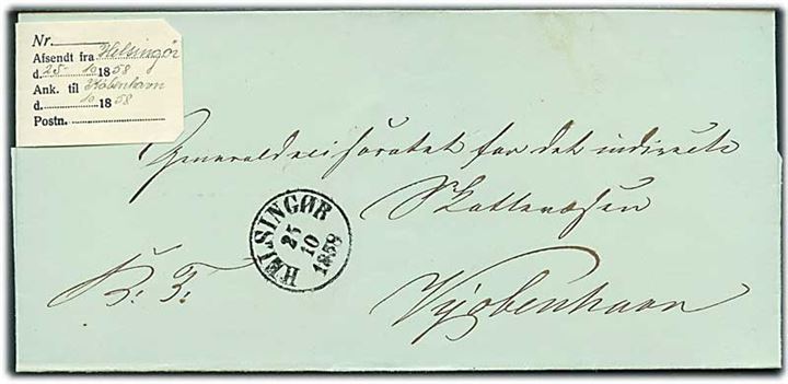 1858. Ufrankeret tjenestebrev med antiqua Helsingør d. 25.10.1858 til Kjøbenhavn.