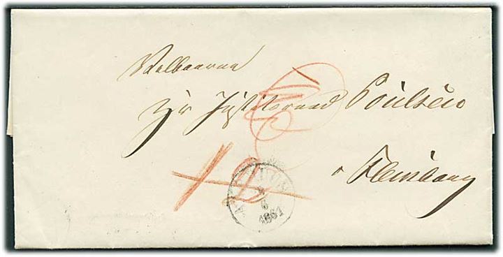 1861. Ufrankeret brev fra Helbredelsesanstalten for Sindsyge med antiqua Aarhus d. 28.6.1861 til Flensburg. Udtakseret i 6 skilling og 12 skilling porto som er overstreget.