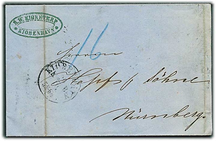 1863. Portobrev med antiqua Kiøbenhavn d. 20.10.1863 via Hamburg til Nürnberg. Påskrevet 16 med blåkridt.