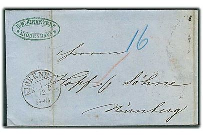 1863. Portobrev med antiqua Kiøbenhavn d. 1.12.1863 via Hamburg til Nürnberg. Påskrevet 16 med blåkridt.